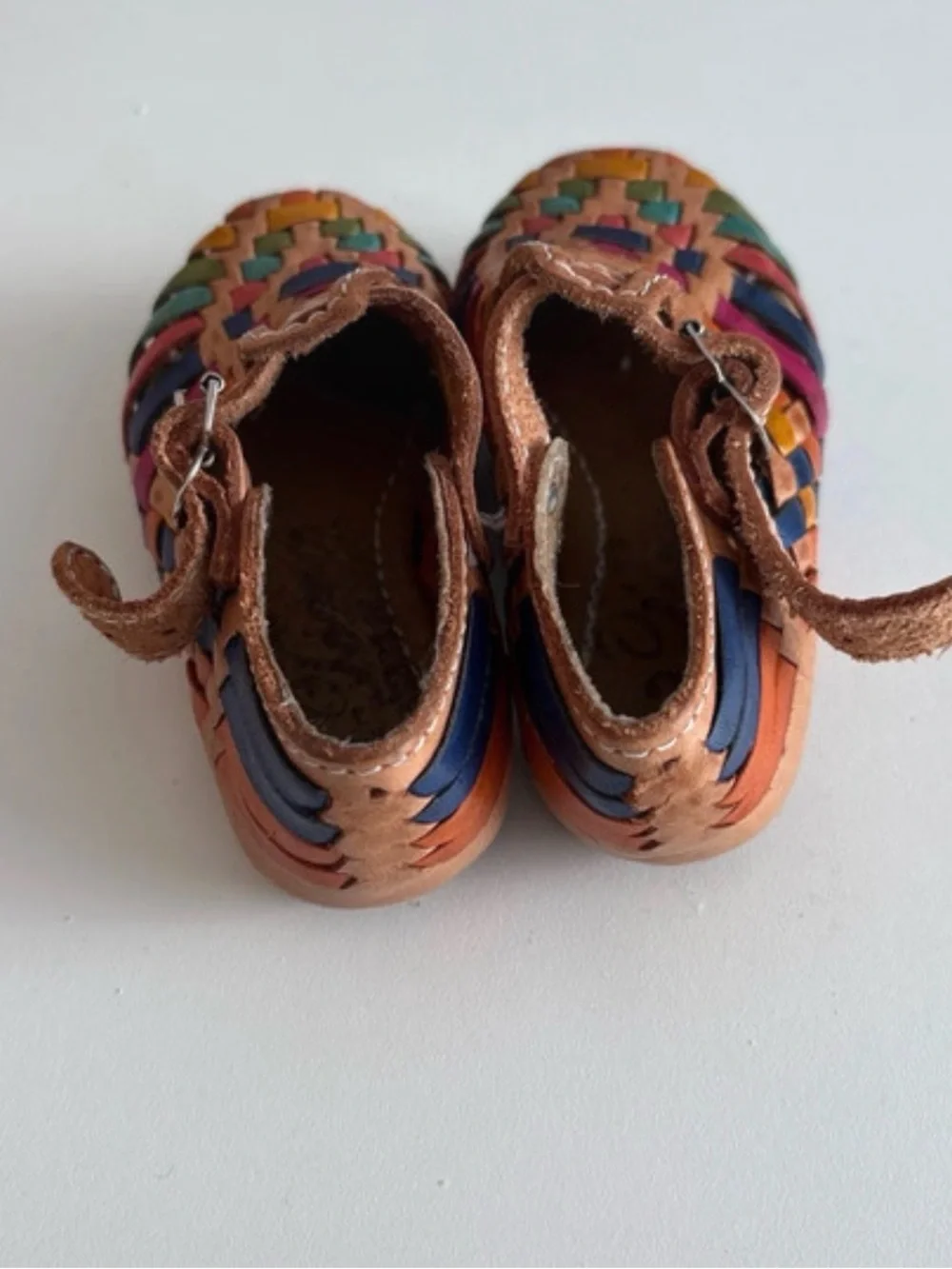 Kids Tan Leather Woven Sandals with Colorful Accents 2